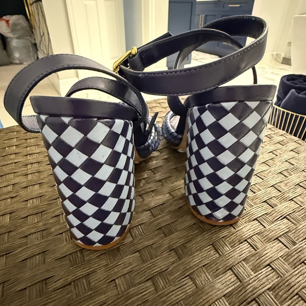 SCHUTZ Blue Braided Heels with Checkered Block - Picture 2 of 5